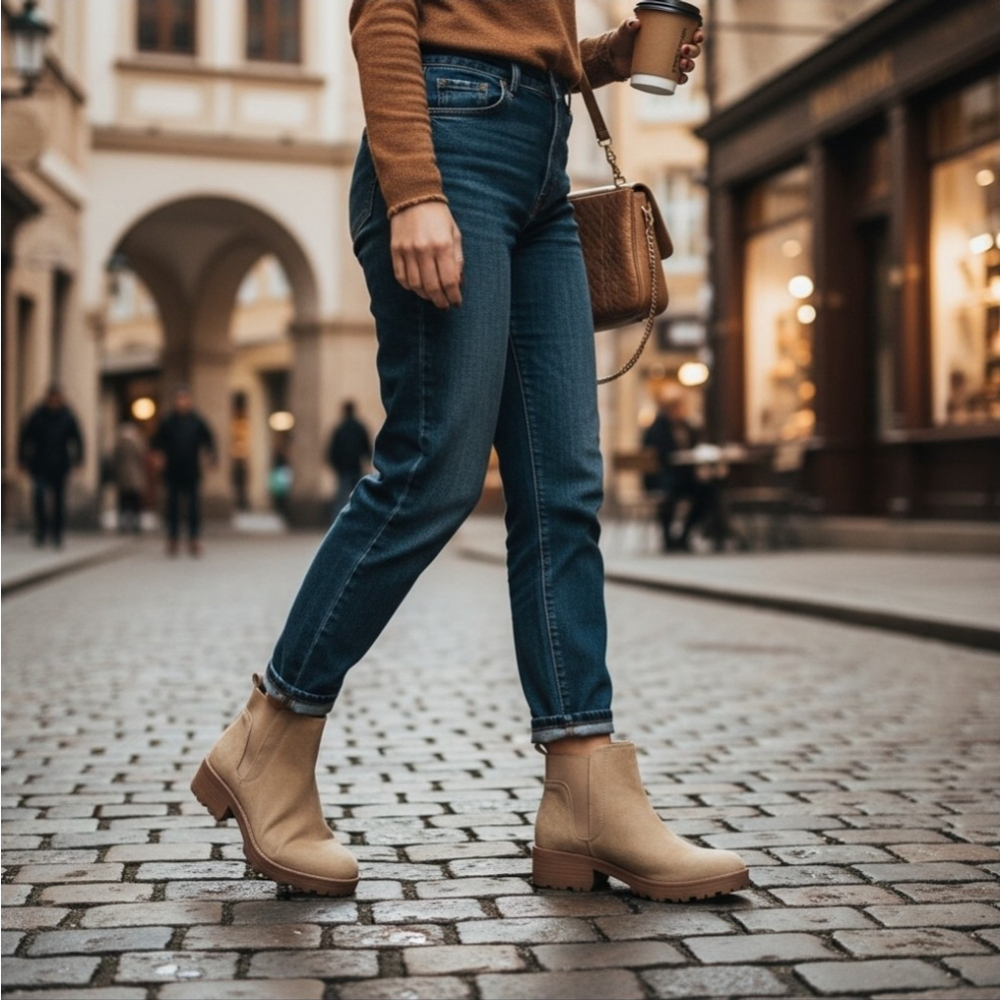 Sun + Stone Faux Microsuede Chelsea Zip On Lug Boots Booties 7.5 M Desert Beige